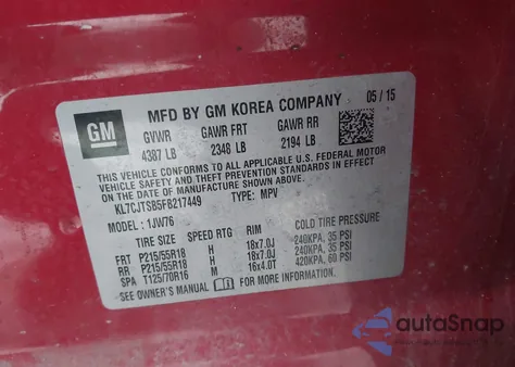 2015 Chevrolet Trax Ltz z USA, uszkodzony, nr VIN KL7CJTSB5FB217449